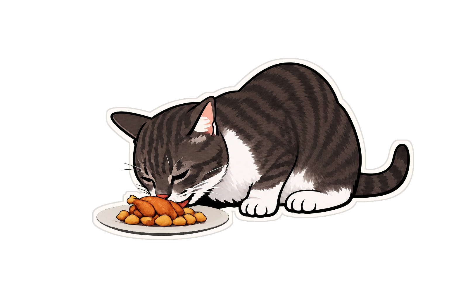 Family cat eating a small roast chicken with potatoes